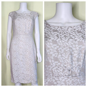 Monsoon Belted Sheath Dress US 6 UK 10 Beige White Floral Cap Sleeve Romantic